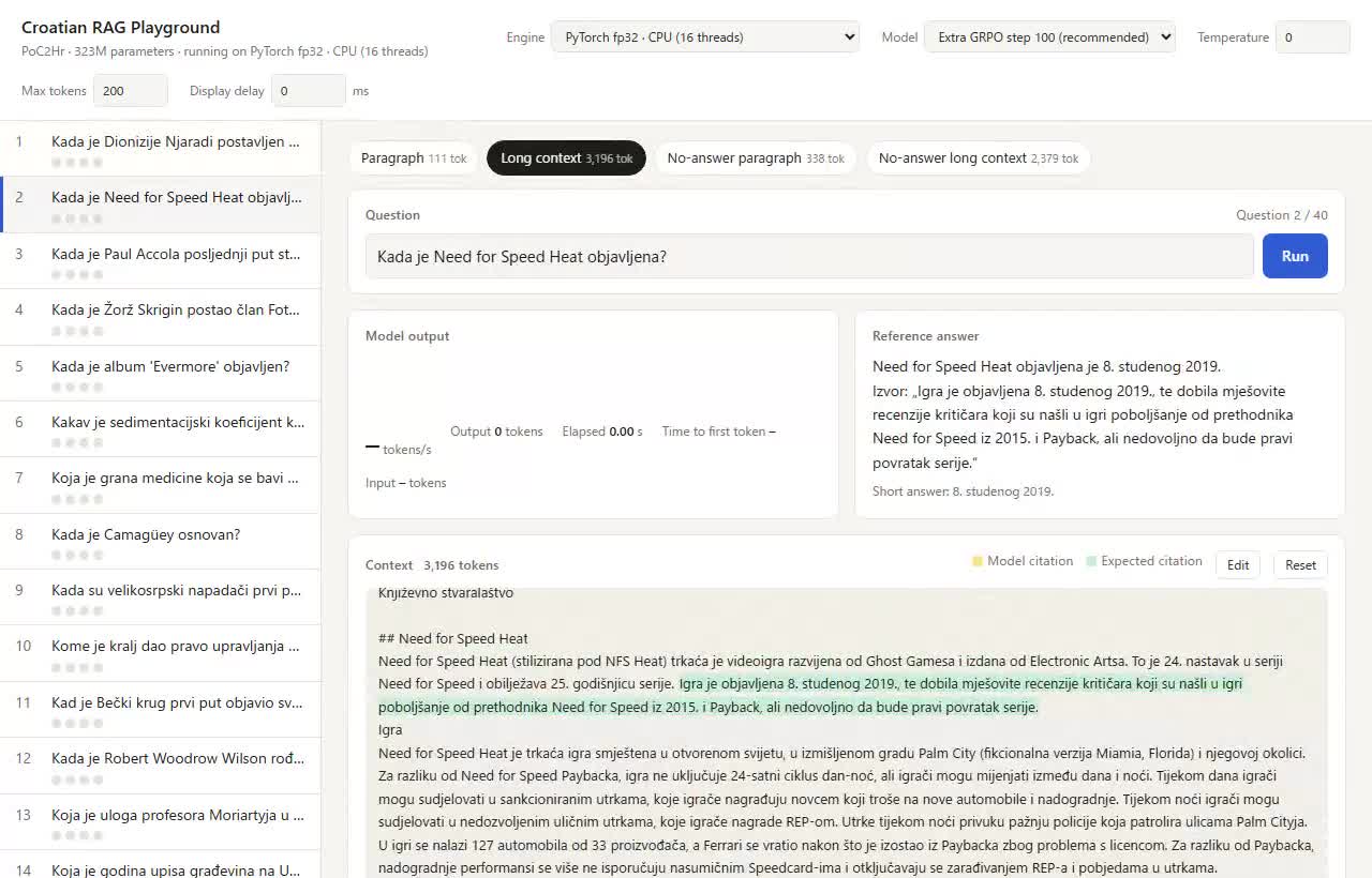 PyTorch fp32 pokrenut na CPU-u odgovara na pitanje s dugim kontekstom