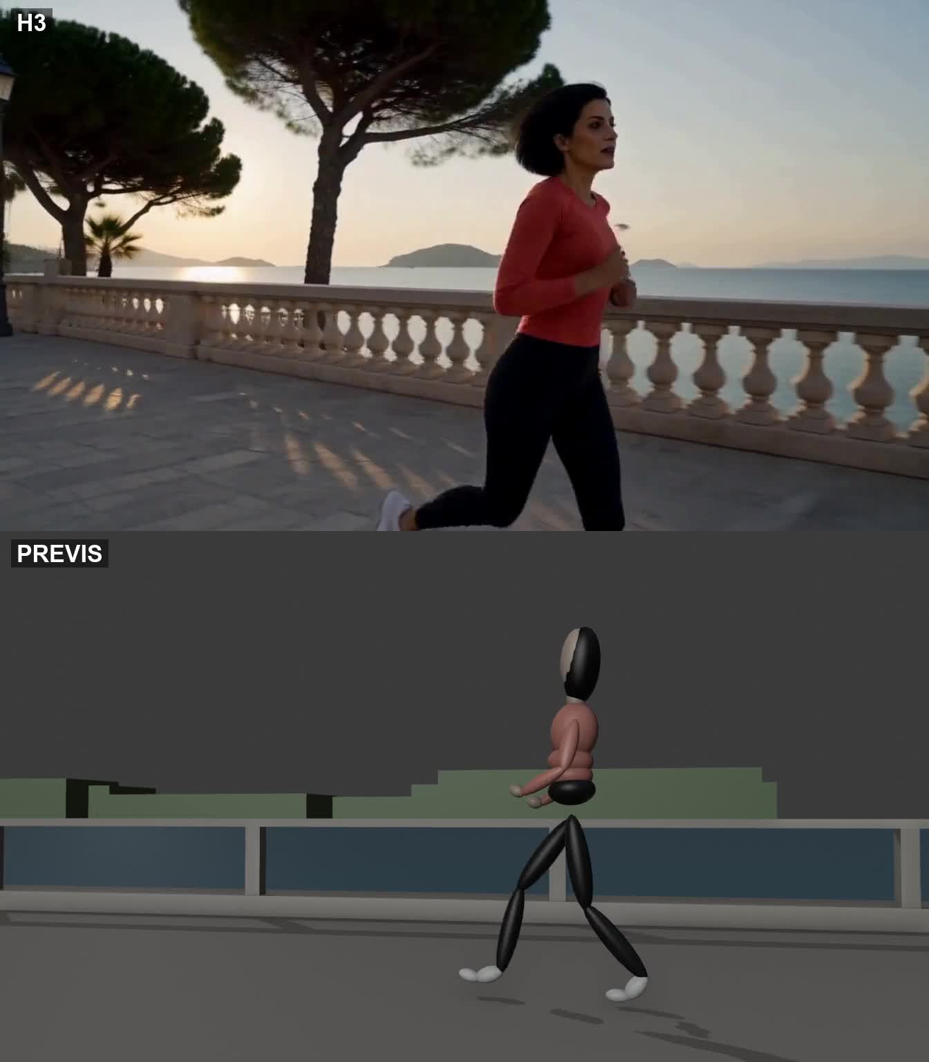Trčanje uz obalu: gore AI-generirano, dolje previz